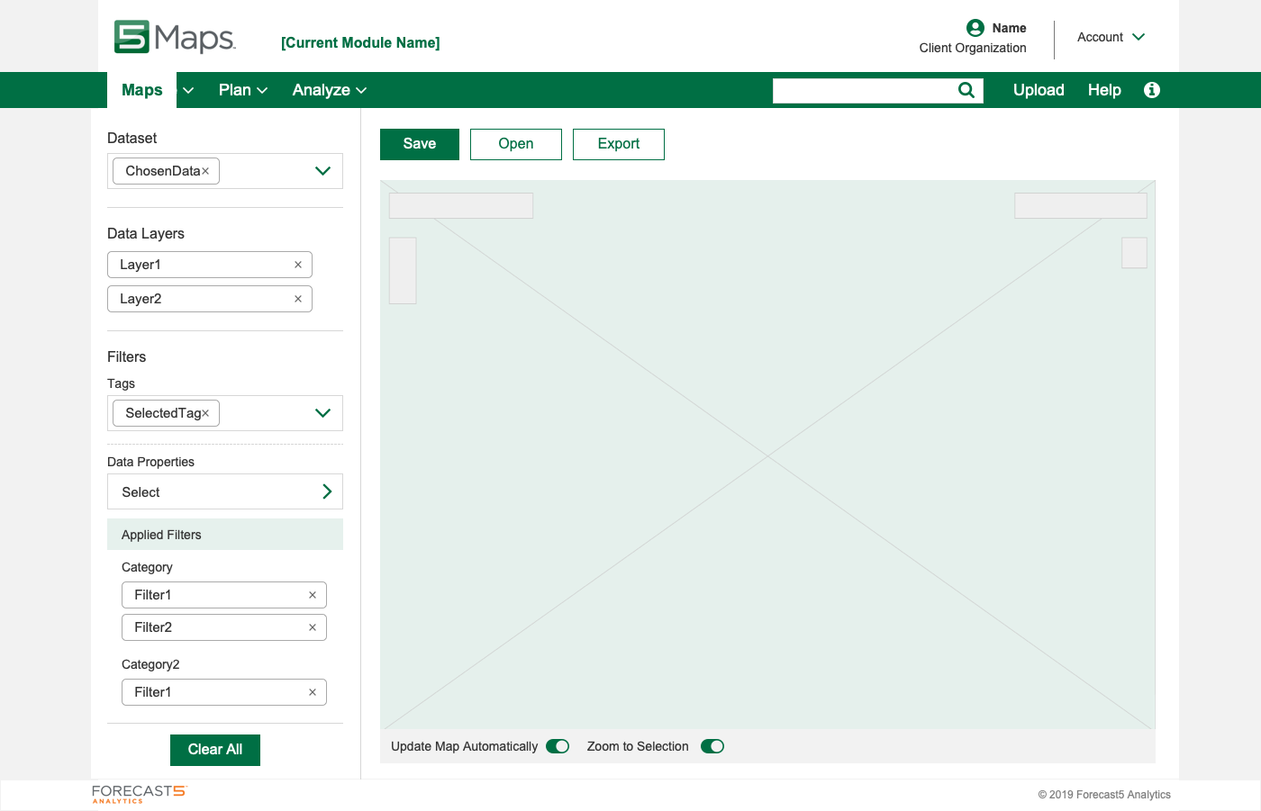 Low fidelity wireframe of initial version of an application page