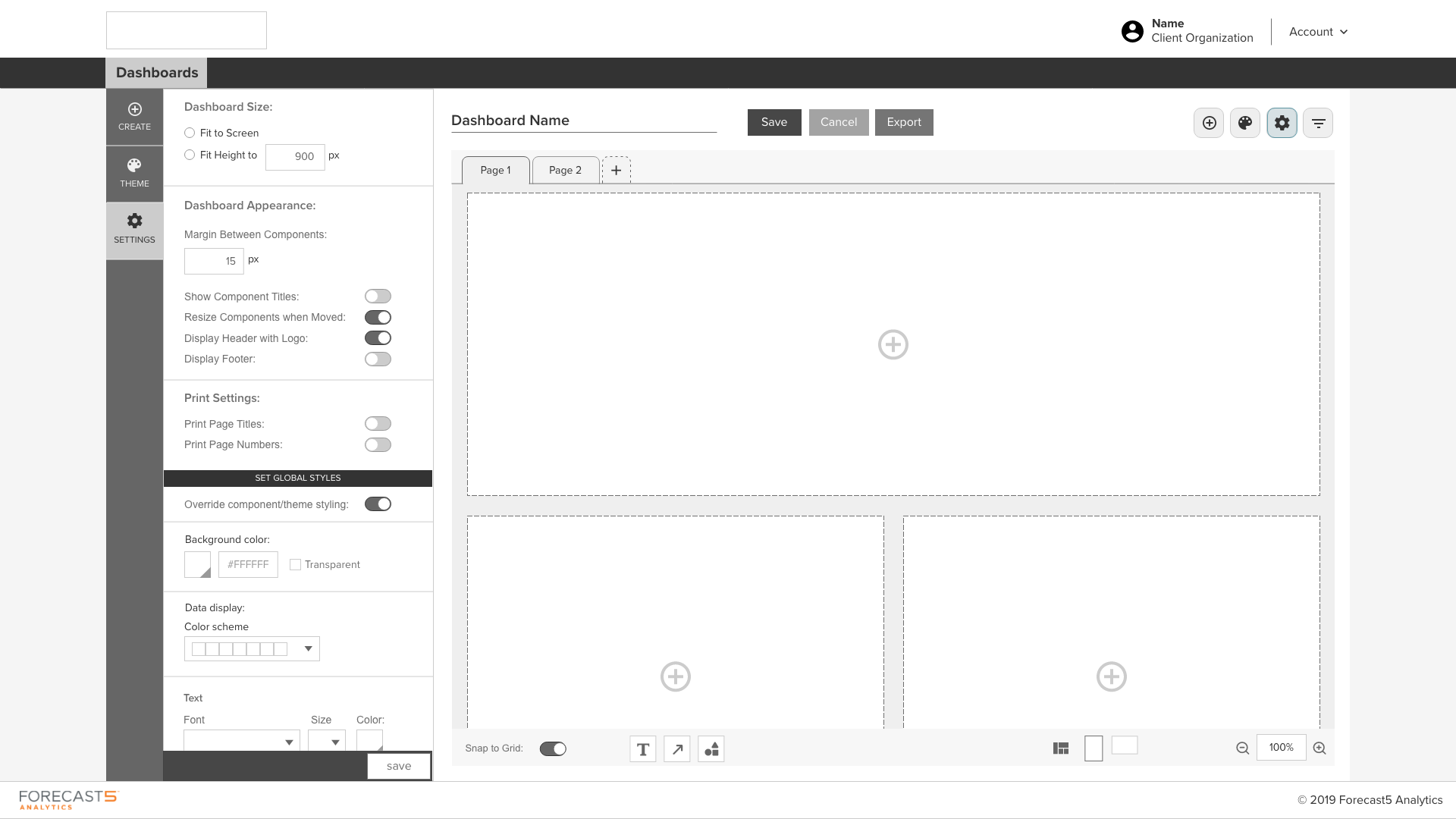 High fidelity wireframe of a dashboard settings page