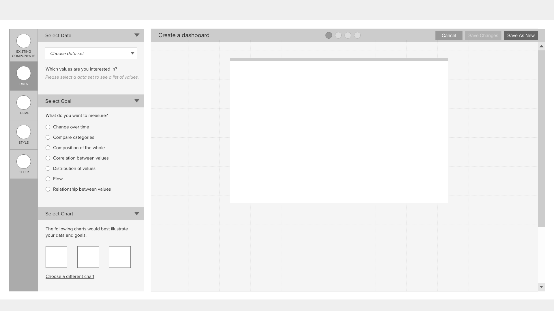 Image of a wireframe of a dashboard wizard tool