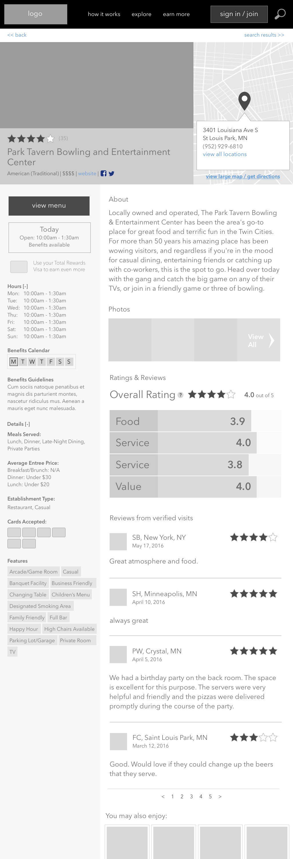 Image of a high-fidelity wireframe for a restaurant detail page