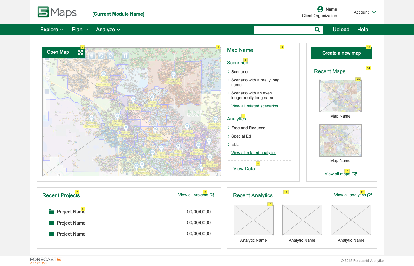 Image of the homepage/dashboard of a mapping analytics application named 5Maps