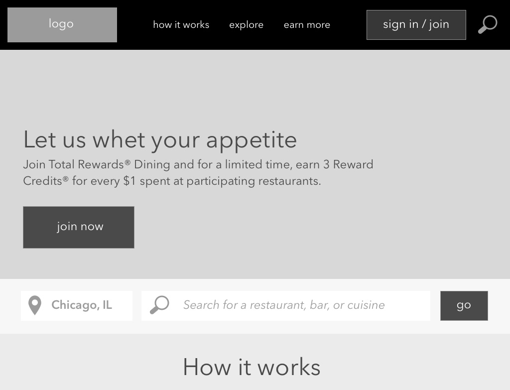 Image of the wireframe for the landing page of a Total Rewards Dining website