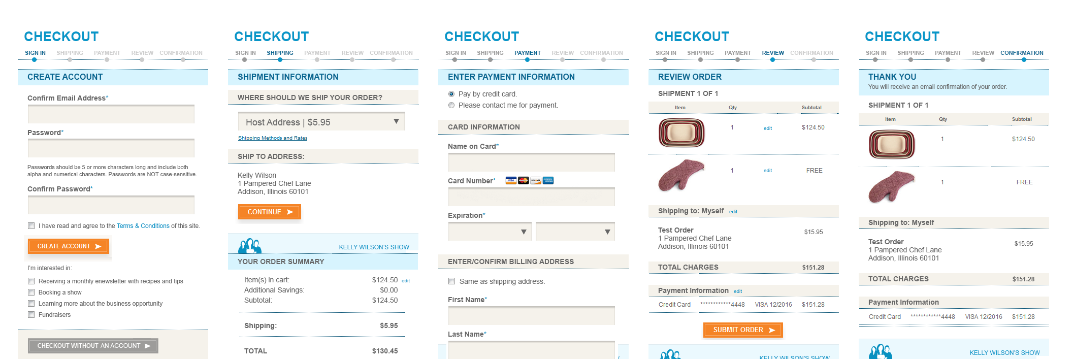 A series of pages from a mobile checkout application for guests to use at a Pampered Chef party