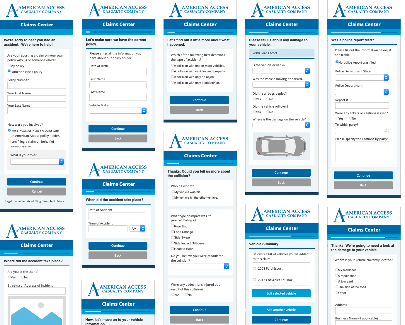 Image of several pages from a mobile claims application