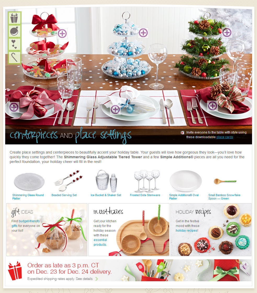 This series of images features final designs for a holiday marketing site - this image features Centerpieces and Place Settings