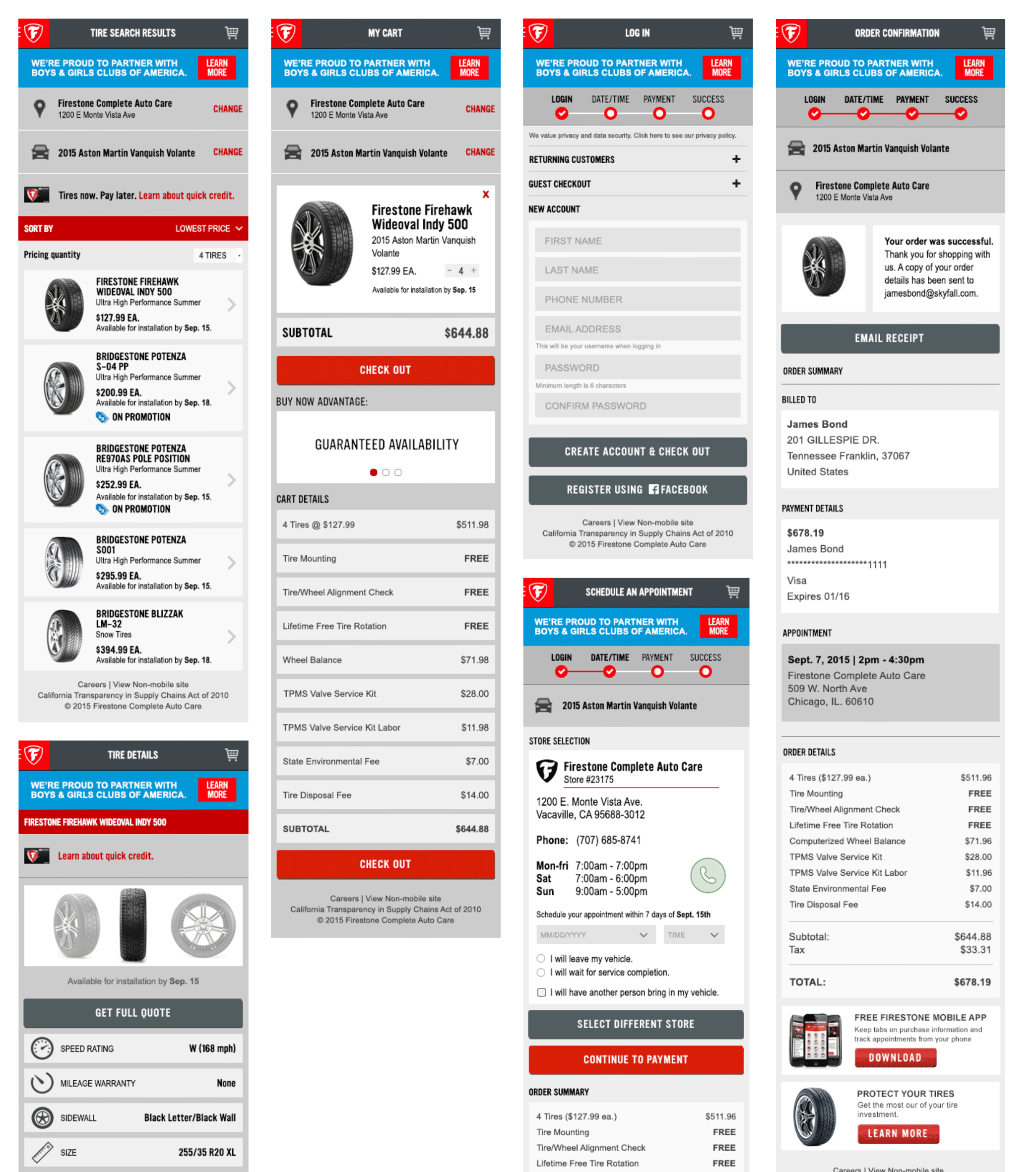 Images shows multiple screens from a Firestone site allowing users to purchase tires and schedule an appointment