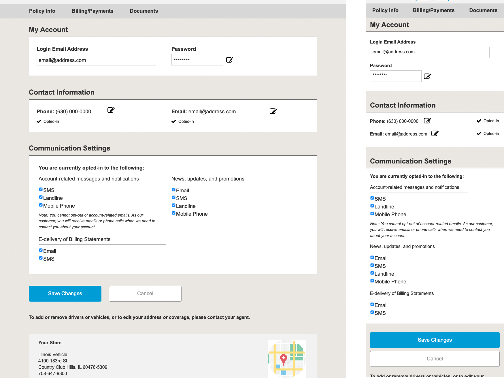 Desktop and mobile pages for an online customer portal