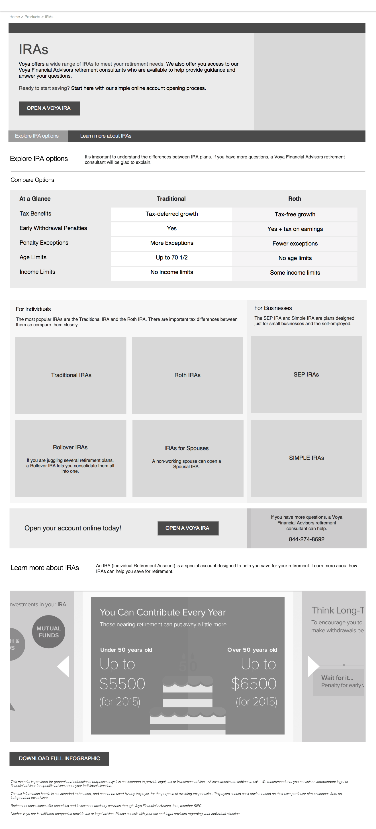 Image shows a low-fidelity wireframe for a financial service site