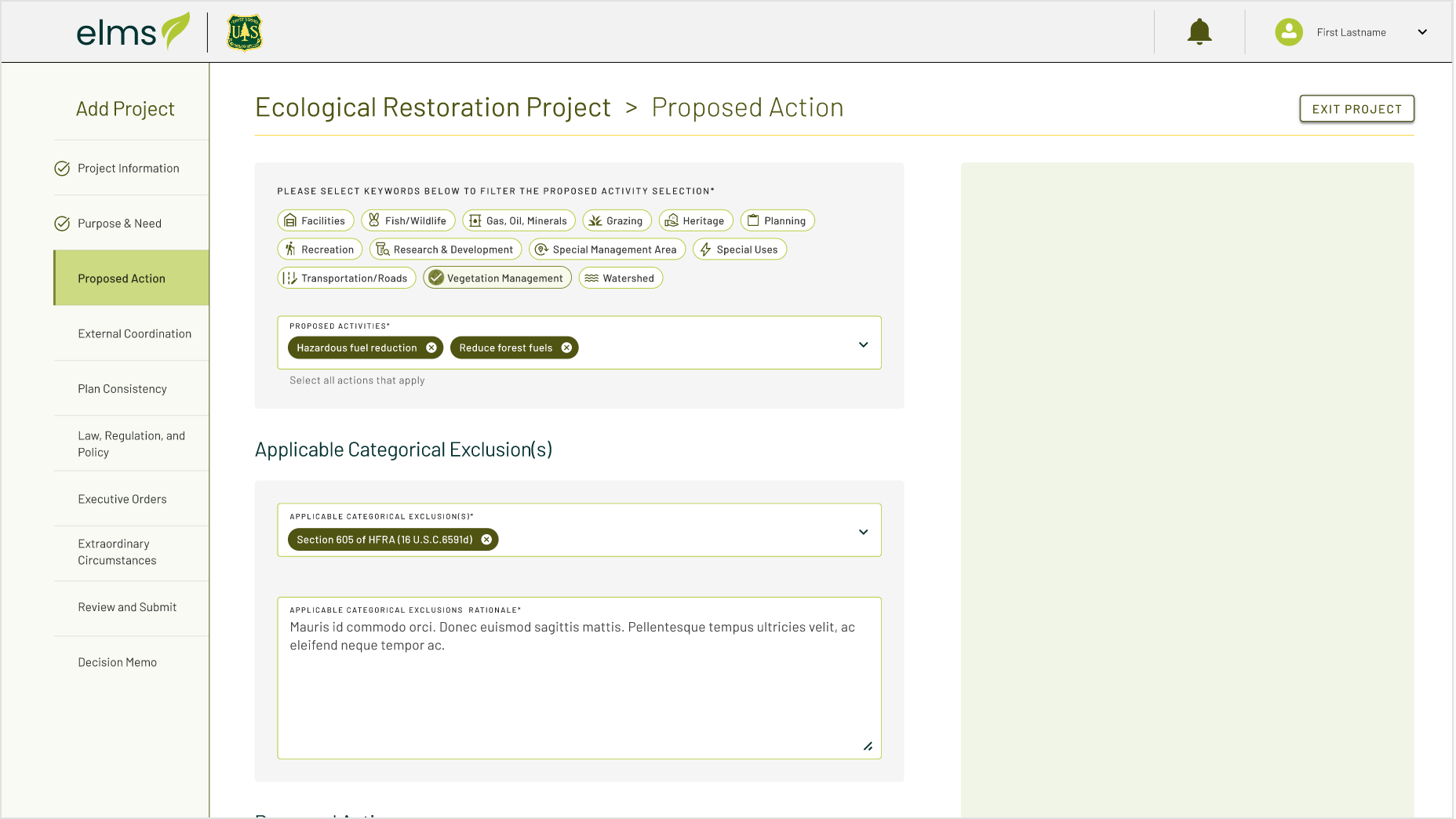 A page from a project managment application for the US Forest Service